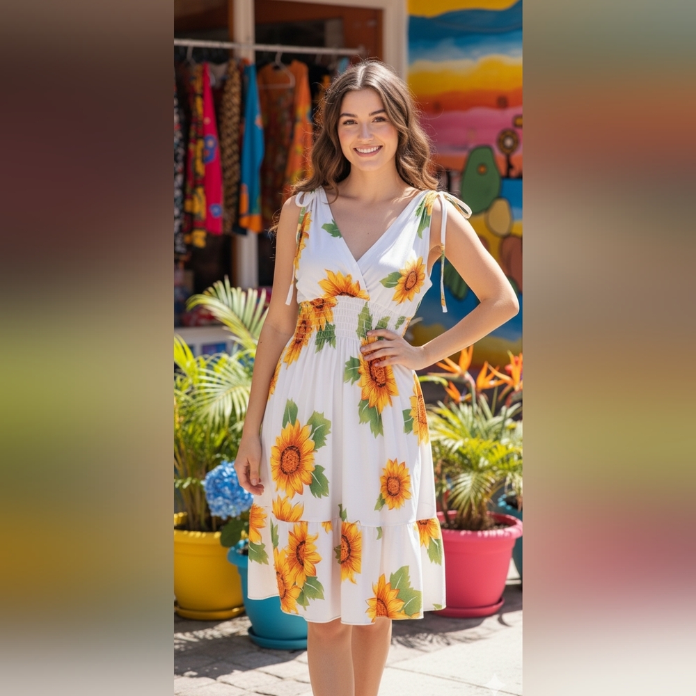 Sunflower Print White Dress Sz.S By ACE FASHION